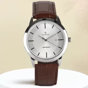 Titan Trendy Analog Silver Dial Brown Leather Strap Men's Watch