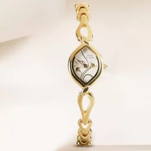 Titan Raga Analog Watch for Women, White Dial Golden Steel Strap